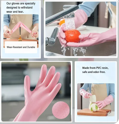 Vista 4 de 3 pares de guantes duraderos para lavar platos sin látex, puño de 15 pulgadas de largo, ideales para limpieza de cocina, lavandería, jardinería