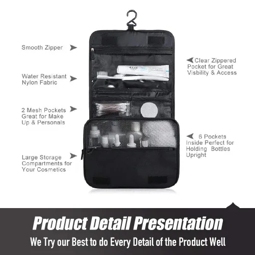 Vista 5 de Neceser de viaje colgante, organizador de cosméticos, bolsa de maquillaje portátil para mujeres y hombres con gancho fuerte y bolsillos, bolsa