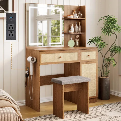 Vista 7 de Yechen - Tocador de 35" estilo bohemio con espejo iluminado con LED y regleta de enchufes, juego de mesa de maquillaje de madera con cajones
