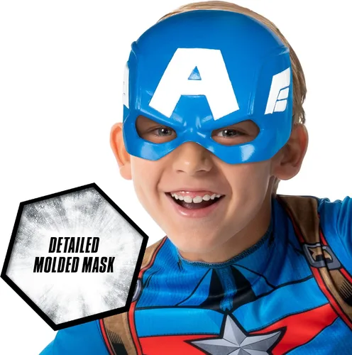 Vista 4 de Marvel - Disfraz oficial del Capitán América, overol de tela premium con diseño impreso y media máscara de plástico