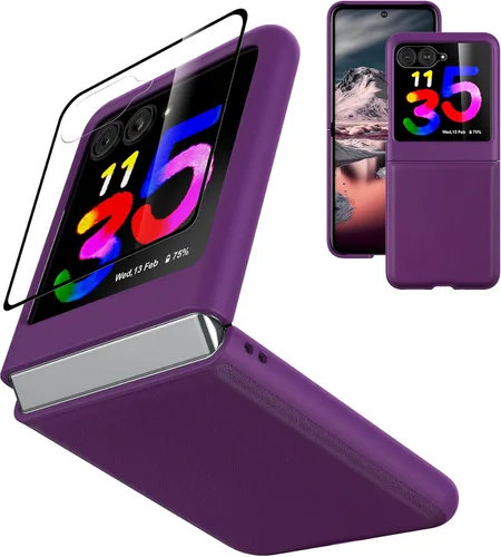 Vista 16 de Funda delgada de piel sintética para Motorola Razr Plus 2023, [cubierta frontal transparente + parte trasera de cuero duro de policarbonato] Marrón