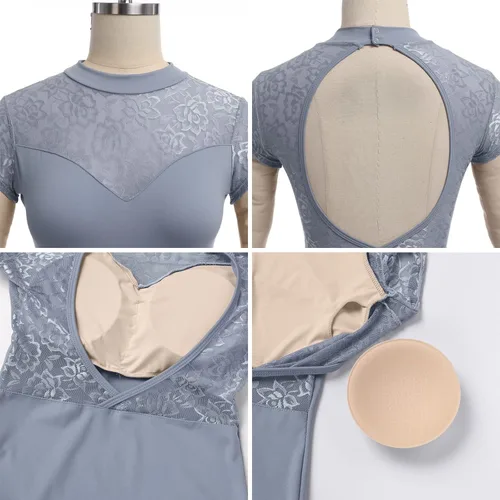 Vista 22 de AFAVOM Leotardos de ballet para mujeres adultas con estampado de flores de mariposa sin espalda, leotardos de gimnasia con brasier y prácticas
