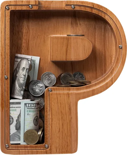 Vista 14 de Alcancía para niños y niñas, alcancía de madera con letra grande del alfabeto con inicial A, banco de monedas, regalos divertidos para cumpleaños