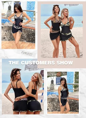 Vista 4 de EVALESS Traje de baño tankini para mujer, 2 piezas, estampado, parte superior tankini con falda con cordón, traje de baño