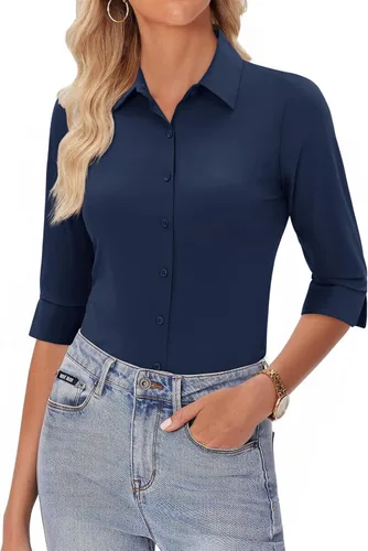 Vista 11 de siliteelon Camisas con botones para mujer, manga 3/4, elástica, ajustada, sin arrugas, cuello para negocios, trabajo, tops
