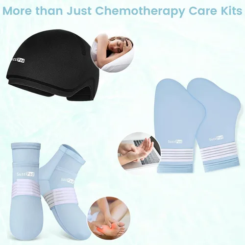 Vista 3 de Suzzipad Calcetines de terapia de frío y bolsa de hielo para manos, guantes de enfriamiento para quimioterapia, gorras para aliviar el estrés