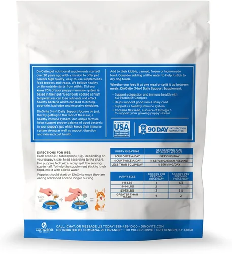 Vista 2 de Dinovite Probiótico 3 en 1 para cachorros, piel y pelaje, salud digestiva y alivio articular, complementos alimenticios para perros, aceite