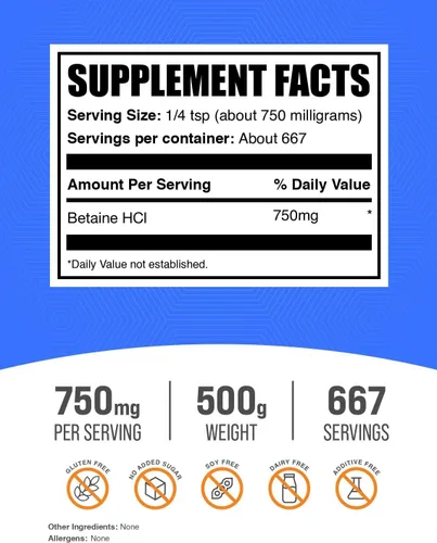 Vista 2 de BulkSupplements. com Betaína HCl Polvo - Suplemento de clorhidrato de betaína, soporte digestivo, sin gluten, 750 mg por porción, 17.64 oz