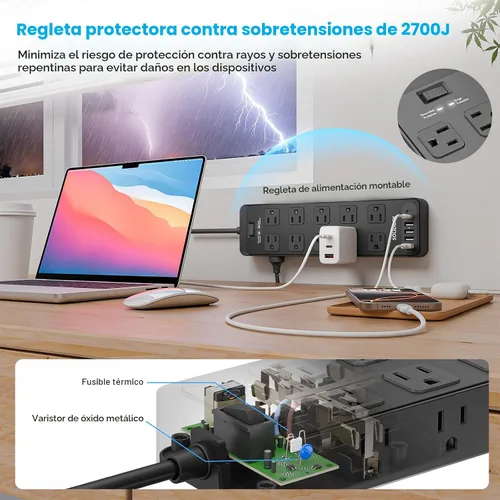 Vista 6 de Regleta de alimentación con enchufe plano, protector contra sobretensiones con 20 tomas de corriente AC y 6 puertos USB, 1875 W/15 A, 2700 julios