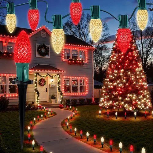 Vista 10 de Brightown Luces de Navidad C9 C9 para exteriores, 25.7 pies, fresa, C9, luces de camino de Navidad con 20 bombillas LED y estacas, decoraciones