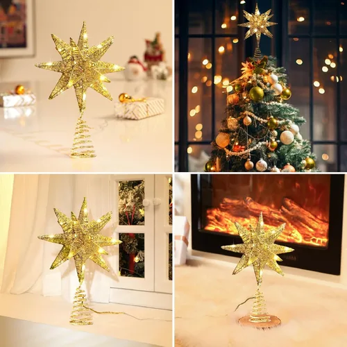 Vista 8 de Lewondr Decoración para árbol de Navidad, decoración de árbol de Navidad con forma de estrella en 3D con diseño de explosión de estrellas, control