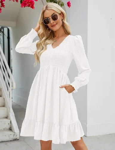 Vista 4 de Shermia Vestido de manga larga con cuello en V para mujer, vestidos fruncidos de gasa, mini vestido babydoll con bolsillos