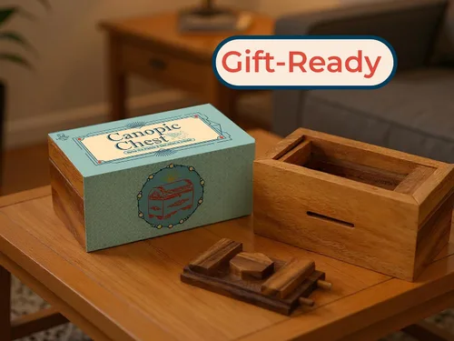 Vista 5 de BSIRI Canopic Chest Challenging Brain Teaser Rompecabezas de madera para la mente y uso como joyería de almacenamiento de dinero, rompecabezas 3D