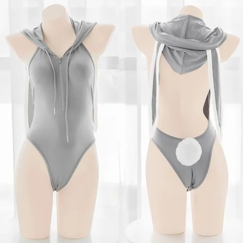 Vista 2 de Jilneed Lencería sexy para mujer, disfraz de conejo de anime kawaii para adultos, body de peluche Lolita de una pieza