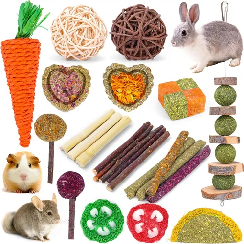Vista 12 de VESPRO Juguetes de conejo para conejos, juguetes masticables de conejo para dientes, conejito para conejos, cobayas, juguetes para masticar, palitos