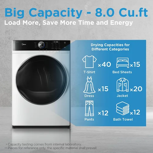 Vista 3 de Midea MLE45N1AWW Secadora eléctrica de carga frontal a juego, con sensor de acero inoxidable seco, cuidado de arrugas, control táctil, 10 ciclos