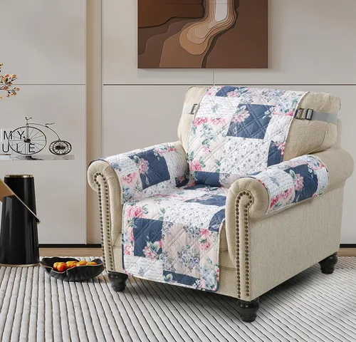 Vista 44 de Brilliant Sunshine Blue Plaids & Stripes - Funda para sillón de sofá, asiento de 23 pulgadas Patchwork Design, Non Slip Sofa Cover, Quilted