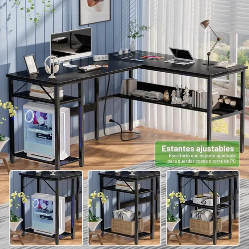 Vista 6 de Unikito Escritorio reversible en forma de L con tomas de corriente mágicas y puertos de carga USB, escritorio de esquina resistente para computadora