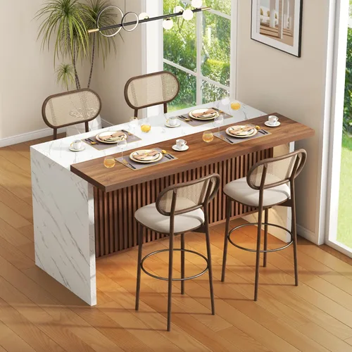 Vista 15 de Mesa de comedor grande de imitación de mármol de 63" para 4-6 personas (patente pendiente), mesa de isla con luces LED, mesa de comedor de cocina