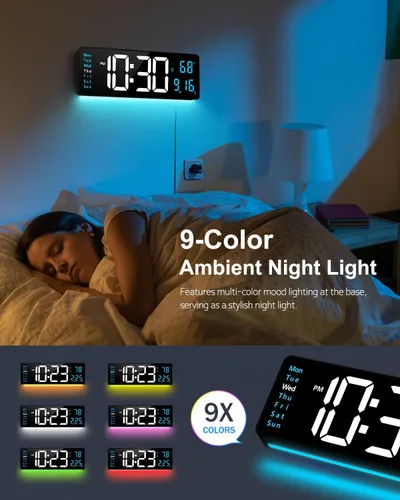 Vista 9 de Reloj de pared digital, reloj digital de pantalla grande de 40 cm con luz nocturna, reloj de pared con DST, alarma, LED, fecha, semana, temperatura