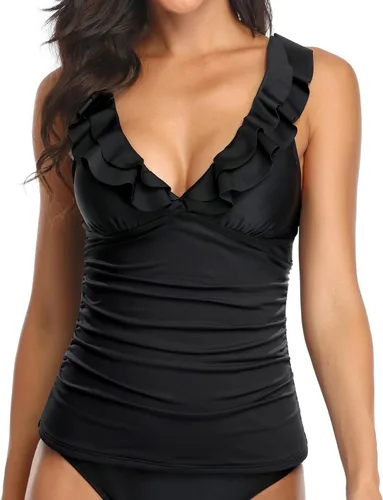 Vista 5 de Yonique Top tankini para mujer, con control de abdomen, con volantes, cuello en V, sin parte inferior