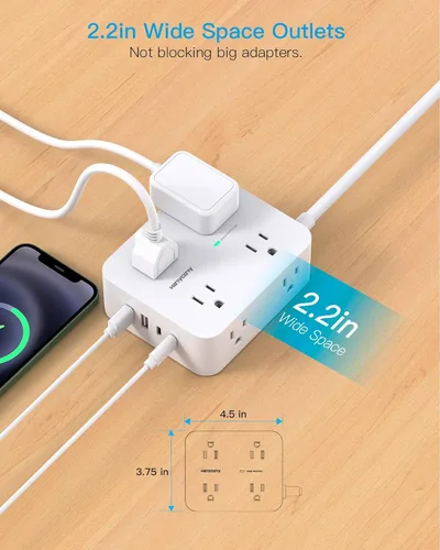 Vista 5 de Tiras de enchufes con protección contra sobretensiones - HANYCONY 8 salidas amplias con 4 puertos USB (2 USB C), extensor de enchufe de 3 lados