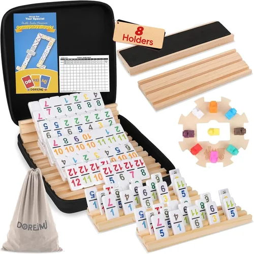 Vista 10 de Doreimi Juego de Dominó Doble 6 para Adultos con 4 Estanterías de Madera y 28 Azulejos Juego de Dominó de Viaje Juego de Mesa Clásico para Noche