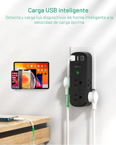 Vista 3 de Mifaso - Extensor de tomacorriente USB, protector de sobretensiones con enchufe giratorio, 1800 julios, 6 tomas de corriente alterna y 3 puertos USB