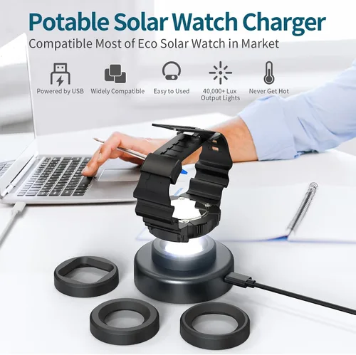 Vista 6 de Cargador de reloj solar, temporizador de apagado de 8H con hombres, mujeres y 3 tapas cuadradas, luz UV LED, carga rápida, relojes Eco Drive