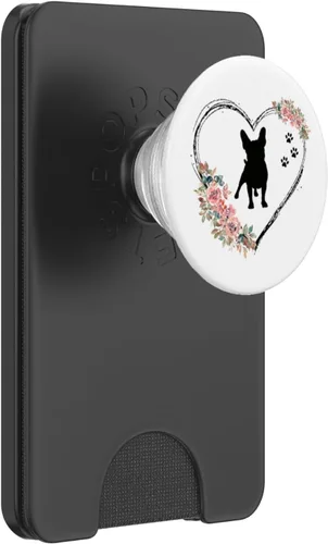 Vista 7 de Bulldog francés con huellas y flores en popSockets blancos intercambiables PopGrip