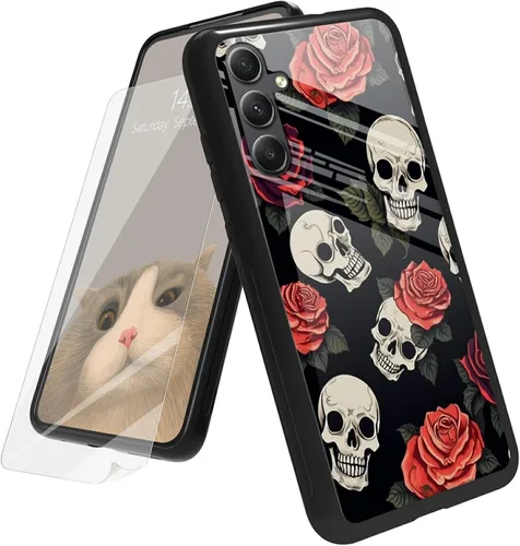 Vista 100 de Funda para Samsung Galaxy A12 5G con protector de pantalla, parte trasera de vidrio templado + TPU de silicona suave que absorbe los golpes