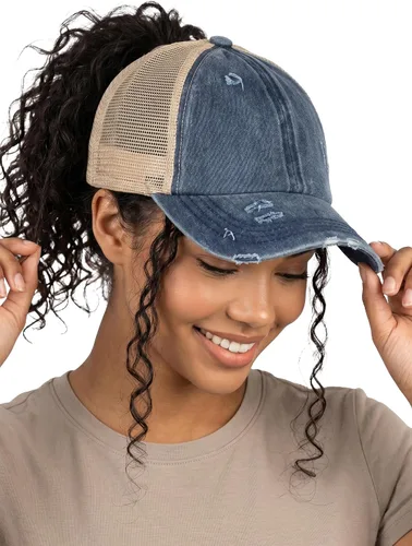 Vista 128 de Funky Junque - Sombrero de cola de caballo para mujer, gorra de béisbol con ajuste ajustable y cola de caballo alta cruzada para uso diario Paquete