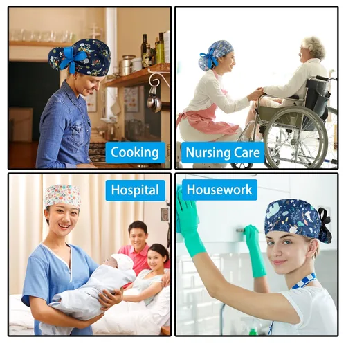 Vista 12 de Gorras médicas para mujer, gorras para enfermeras, gorra de trabajo ajustable, bolsa de cola de caballo, sombreros con lazo en la espalda