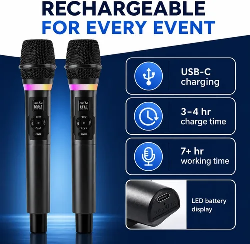 Vista 6 de Micrófonos inalámbricos, sistema de micrófono de karaoke de mano dual de 2.4 GHz con receptor recargable, volumen, eco, agudos, graves y controles