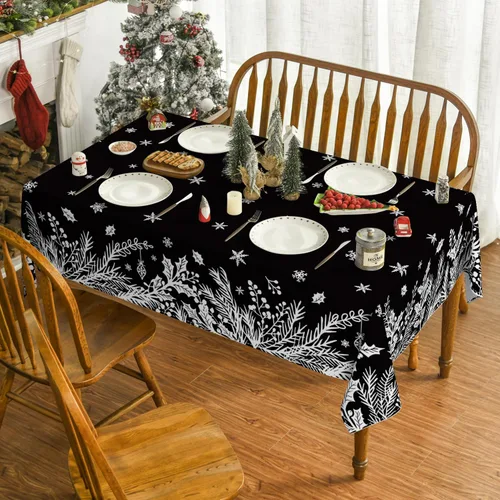 Vista 2 de Horaldaily Mantel de Navidad rectangular de 52 x 70 pulgadas, cubierta de mesa con diseño de hojas florales, color negro, lavable, para decoración