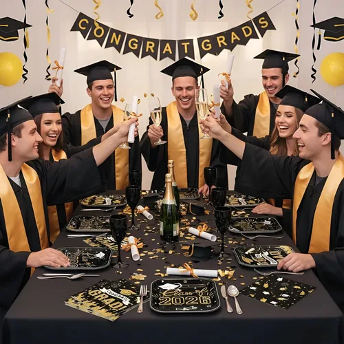 Vista 5 de Decoraciones de graduación 2026, suministros de fiesta de graduación negro y dorado con platos de papel desechables de 9 pulgadas, platos de postre