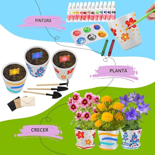 Vista 3 de Kit de jardinería infantil de pintura y plantas para niñas y niños, juguetes de jardín, flores, jardinería, regalo para niños, macetas de flores