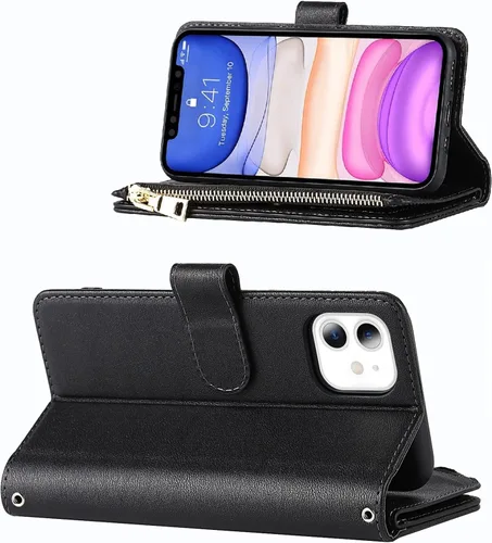 Vista 3 de Funda cruzada para iPhone 11 con correa, 6.1 pulgadas, color negro for Women Men,Credit Card Holder,9 Card Slots,Purse,Long Shoulder Lanyard,Short