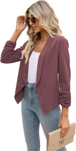 Vista 5 de POGTMM - Blazer de manga de 34 para mujer, con parte delantera abierta, chaqueta estilo cárdigan para uso en el trabajo o la oficina