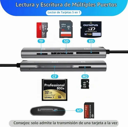 Vista 3 de Lector de tarjetas de memoria múltiple 5 en 1, lector de tarjetas de aluminio SD/TF/CF/MS/M2/Cfast/Memory Stick Pro Duo/Micro SD adaptador
