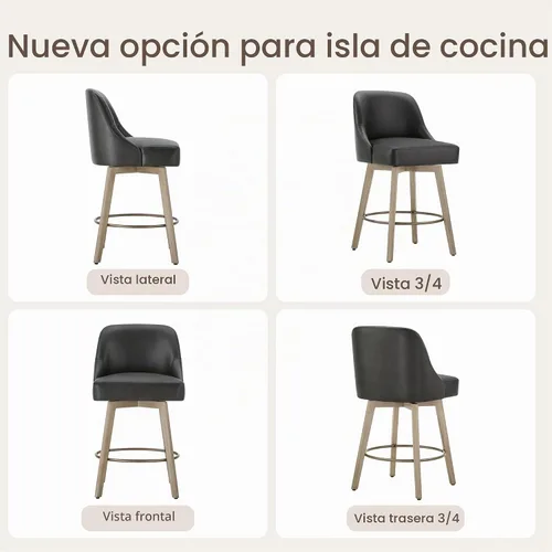 Vista 6 de Juego de 2 taburetes de bar de altura de mostrador, modernos taburetes de bar giratorios con respaldo y patas de madera, sillas de bar tapizadas