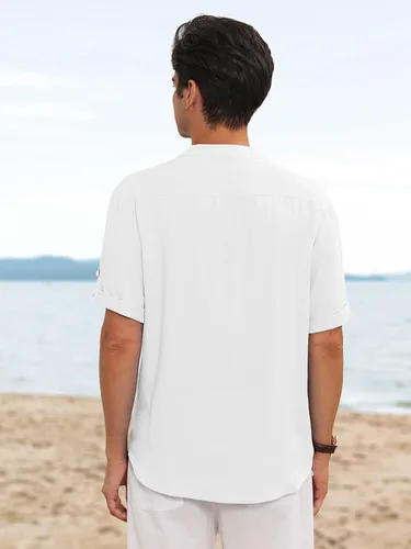 Vista 4 de HANXMEN Camisas Henley de lino para hombre, manga corta, casual, cuello en V, para verano, playa, hippie, con cordones, estilo bohemio