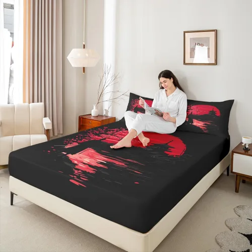 Vista 5 de Erosebridal Samurai - Juego de ropa de cama, sábana bajera ajustable, funda de cama samurái japonés, juego de sábanas de silueta de paisaje
