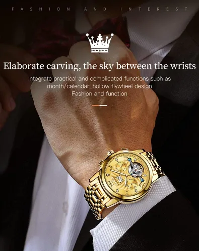 Vista 33 de OLEVS Relojes automáticos para hombre, oro de lujo, vestido de diamantes de cuerda automática, esqueleto mecánico, Tourbillon, reloj de pulsera