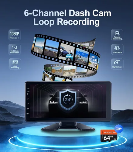 Vista 3 de Sistema de cámara de respaldo de 6 canales 1080P Dash Cam con pantalla táctil de 10.33 pulgadas, monitor de estacionamiento, cámara de respaldo