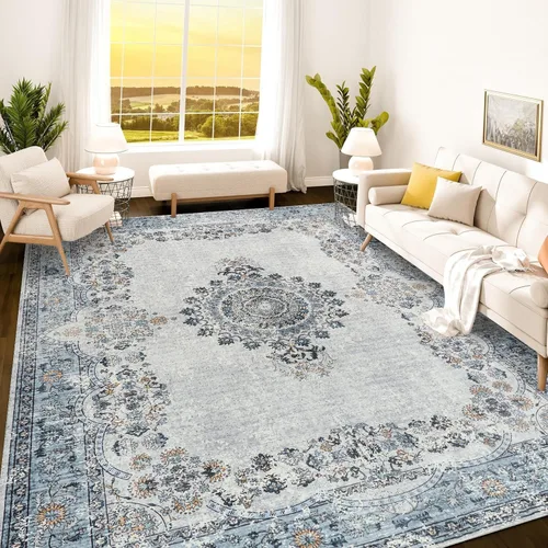 Vista 297 de Istana Alfombra larga antideslizante de 2.5 x 8 para el hogar, para pasillo y cocina, lavable, sedosa y suave al tacto, elegante, color azul y marfil