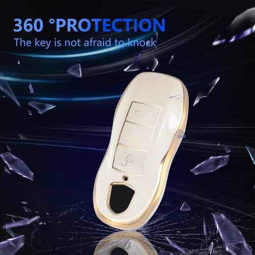 Vista 5 de Funda para llavero Porsche con llavero de moda para Porsche 911 Cayenne Panamera Macan, oro y blanco