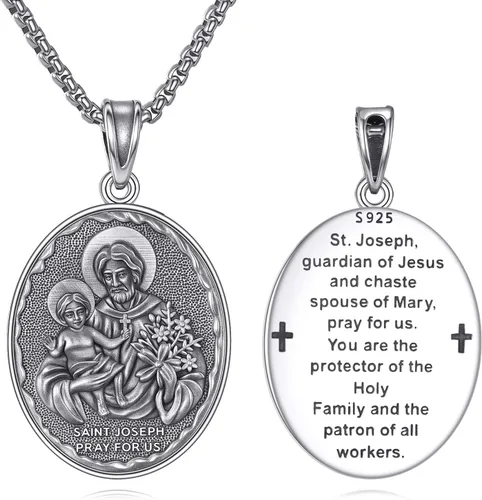 Vista 16 de Collar de Santo Patrón Plata de Ley 925 Colgante Medallón Amuleto Ovalado con Cadena de 22+2 Pulgadas Regalo de Joyería para Hombres y Mujeres
