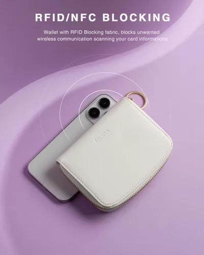 Vista 6 de Vulkitty Cartera pequeña para mujer con bloqueo RFID con cremallera alrededor de la funda triple compacta de cuero para tarjetas con bolsillo