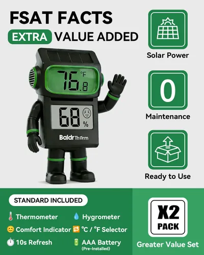 Vista 2 de BALDR 2-Pack Digital Hygrometer Thermometer, Solar Power with Battery Backup Temperature and Humidity Monitor, Mini Room Thermometer with Comfort